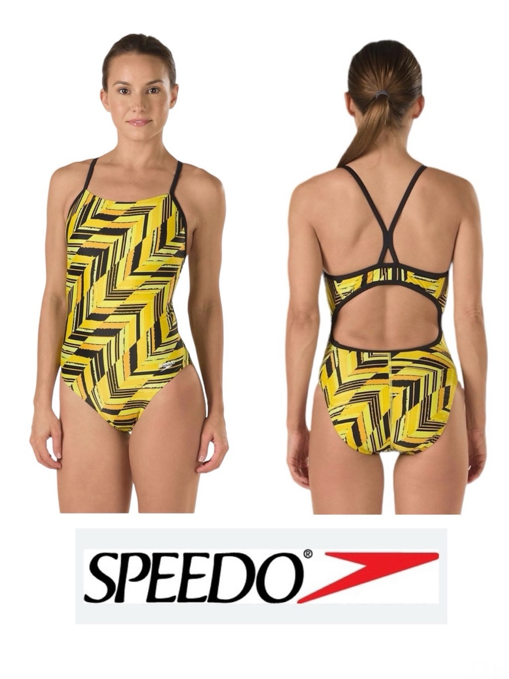 Girls Speedo Yellow/Black Chevron Pattern One-Piece Swimsuit